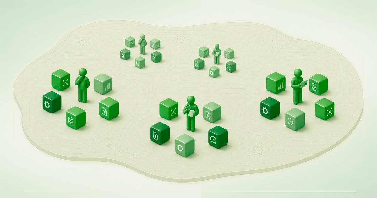 Five separate teams on a shared platform, each surrounded by its own AI and data capabilities.